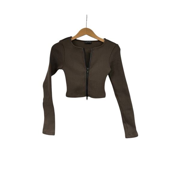 White Fox The Real Thing Brown Ribbed Double Zipper Cropped Sweater Womens XS - Picture 1 of 7